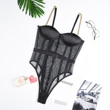 Load image into Gallery viewer, ArtSu Metal Chain Straps Backless Bodysuit Black Mesh Transparent Bodysuit Bralette Women Bodycon Jumpsuit Club Party ASJU601202