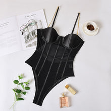 Load image into Gallery viewer, ArtSu Metal Chain Straps Backless Bodysuit Black Mesh Transparent Bodysuit Bralette Women Bodycon Jumpsuit Club Party ASJU601202