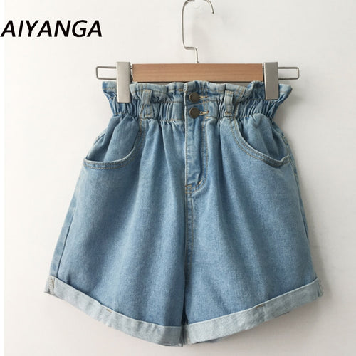 2021 Summer High Waist Denim Shorts Women Casual Loose Ladies Fashion Roll Up Hem Elastic Waist Pocket Blue White Jeans Female