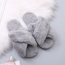 Load image into Gallery viewer, Warm Fluffy Slippers Women Cozy Faux Fur Cross Indoor Floor Slides Flat Soft Furry Shoes Ladies Female Celebrities Flip Flops