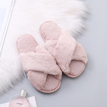 Load image into Gallery viewer, Warm Fluffy Slippers Women Cozy Faux Fur Cross Indoor Floor Slides Flat Soft Furry Shoes Ladies Female Celebrities Flip Flops