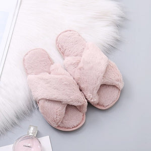 Warm Fluffy Slippers Women Cozy Faux Fur Cross Indoor Floor Slides Flat Soft Furry Shoes Ladies Female Celebrities Flip Flops