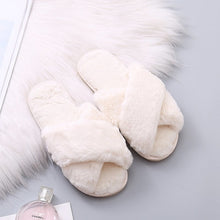 Load image into Gallery viewer, Warm Fluffy Slippers Women Cozy Faux Fur Cross Indoor Floor Slides Flat Soft Furry Shoes Ladies Female Celebrities Flip Flops