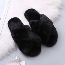 Load image into Gallery viewer, Warm Fluffy Slippers Women Cozy Faux Fur Cross Indoor Floor Slides Flat Soft Furry Shoes Ladies Female Celebrities Flip Flops