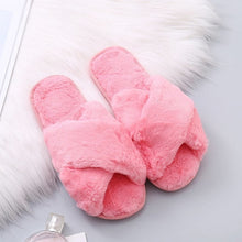 Load image into Gallery viewer, Warm Fluffy Slippers Women Cozy Faux Fur Cross Indoor Floor Slides Flat Soft Furry Shoes Ladies Female Celebrities Flip Flops