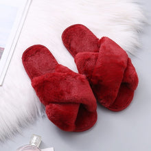 Load image into Gallery viewer, Warm Fluffy Slippers Women Cozy Faux Fur Cross Indoor Floor Slides Flat Soft Furry Shoes Ladies Female Celebrities Flip Flops