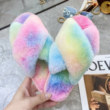 Load image into Gallery viewer, Warm Fluffy Slippers Women Cozy Faux Fur Cross Indoor Floor Slides Flat Soft Furry Shoes Ladies Female Celebrities Flip Flops