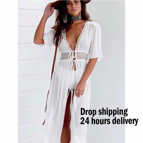 Bikini Cover Up Beach Long Maxi Dress Women Beach Cover Up Tunic Pareo White V Neck Dress Robe Swimwear Bathing Suit Beachwear