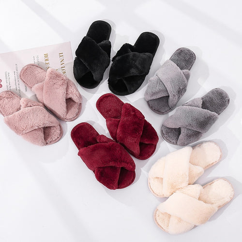 Winter Women House Slippers Faux Fur Fashion Warm Shoes Woman Slip on Flats Female Slides Black Pink cozy home  furry slippers