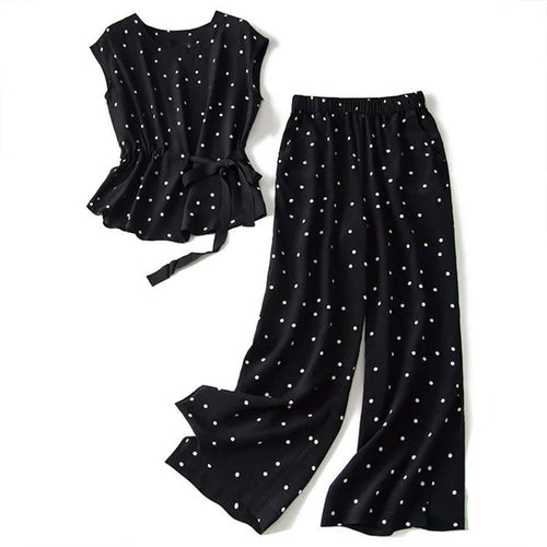 Matching suit polka dot chiffon trousers two-piece large size 2021 summer Korean fashion retro casual top wide leg pants suit