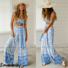 Load image into Gallery viewer, 2 Pcs Suit Summer Tracksuit Sets Womens Outfits Boho Beach Style Print Underwear Loose Wide Leg Pants Female Clothes Sets 2021